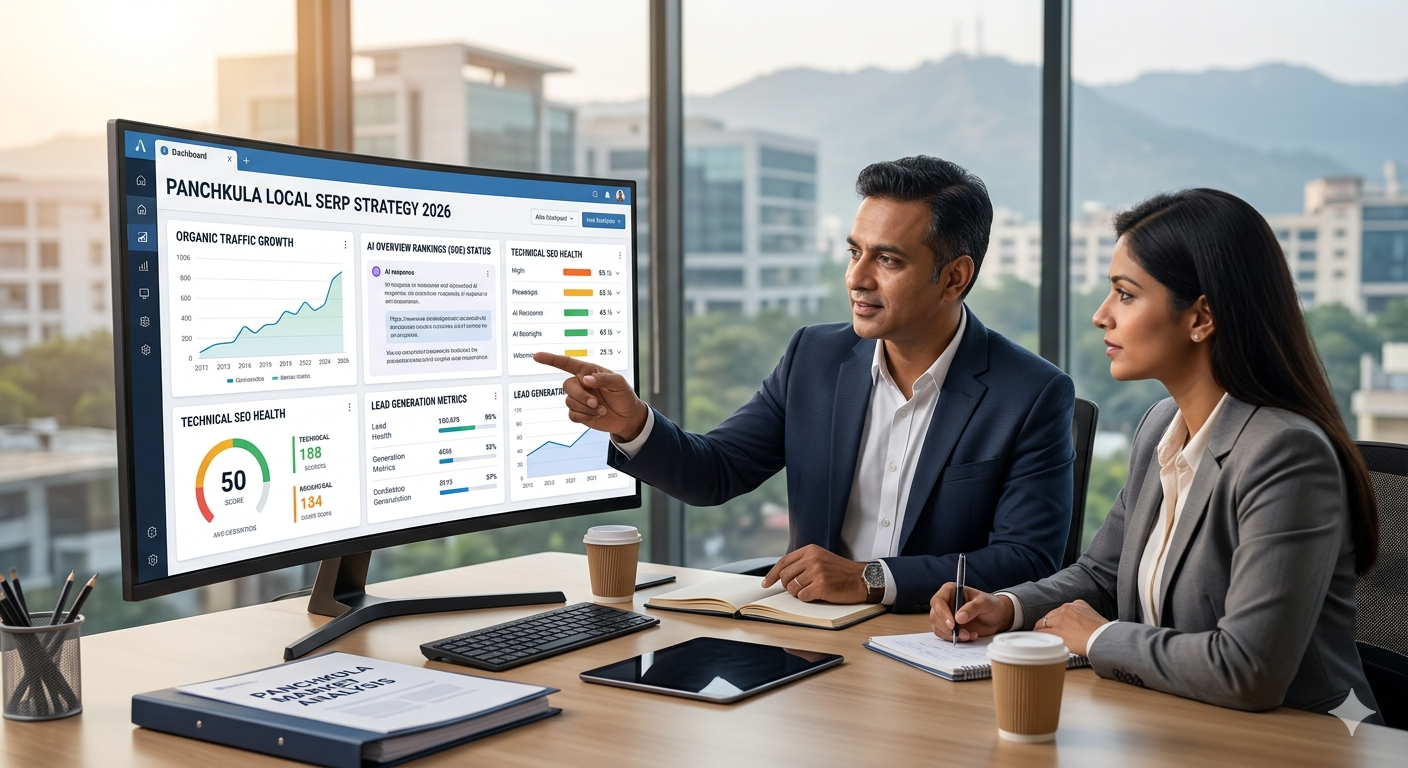 SEO expert reviewing local search and AI ranking data for Panchkula on a digital dashboard.